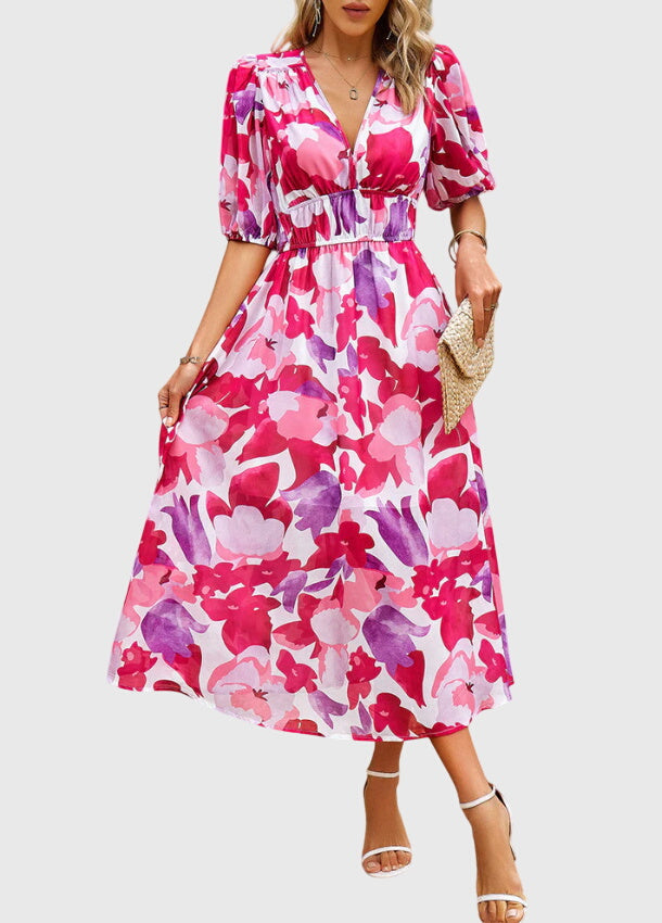 Women's Floral Midi Dress with Smocked Waist Garden Party