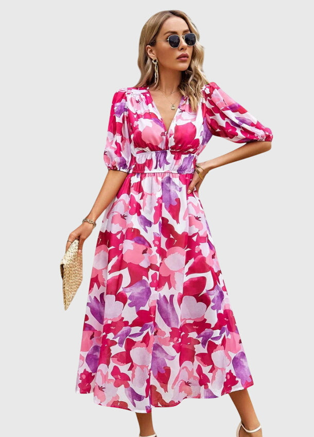 Women's Floral Midi Dress with Smocked Waist Garden Party