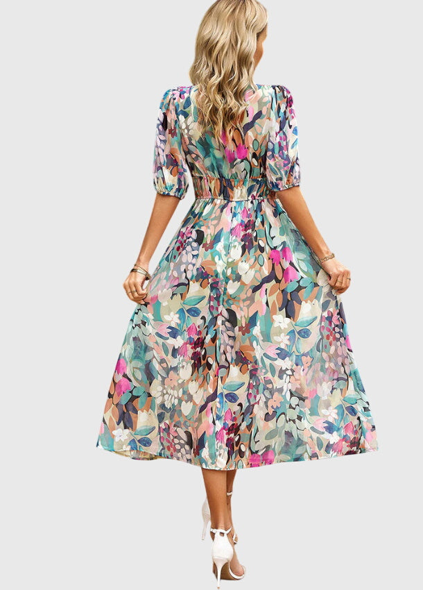 Women's Floral Midi Dress with Smocked Waist Garden Party