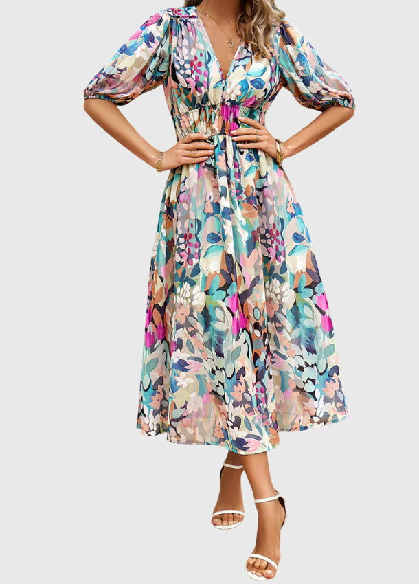 Women's Floral Midi Dress with Smocked Waist Garden Party