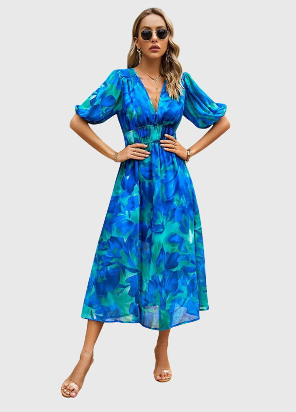 Women's Floral Midi Dress with Smocked Waist Garden Party