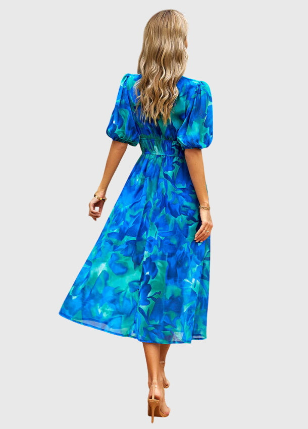 Women's Floral Midi Dress with Smocked Waist Garden Party