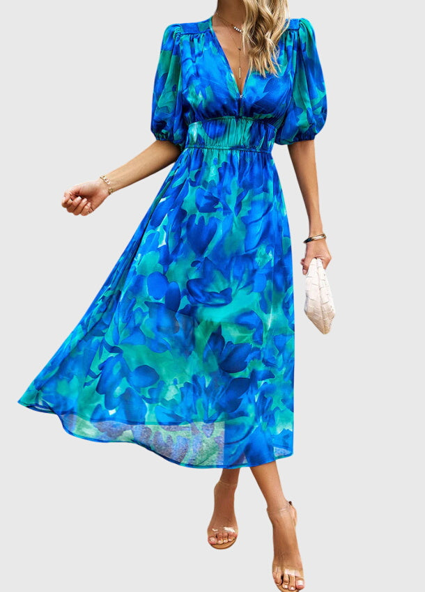 Women's Floral Midi Dress with Smocked Waist Garden Party