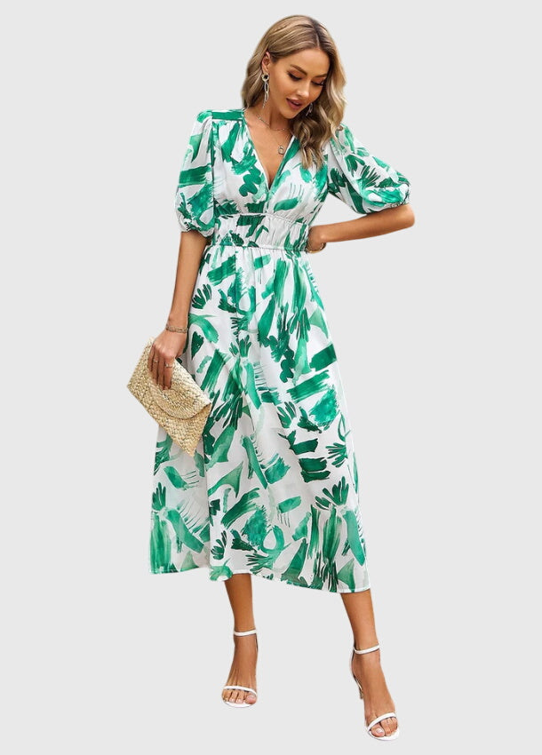 Women's Floral Midi Dress with Smocked Waist Garden Party