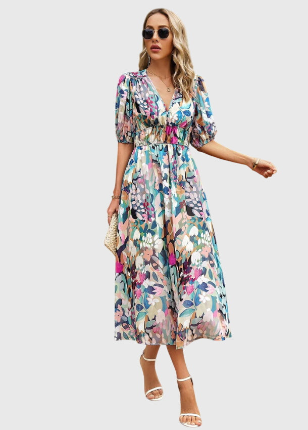 Women's Floral Midi Dress with Smocked Waist Garden Party