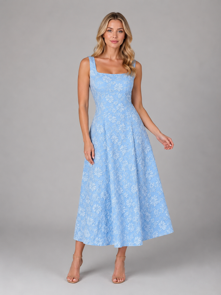 Women’s Floral Midi Dress with Square Neckline