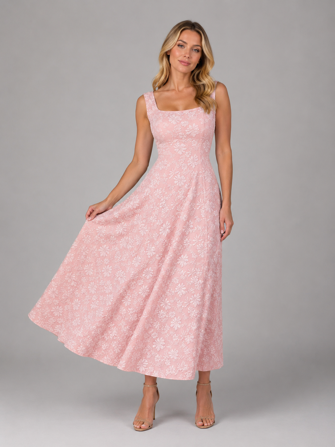 Women’s Floral Midi Dress with Square Neckline