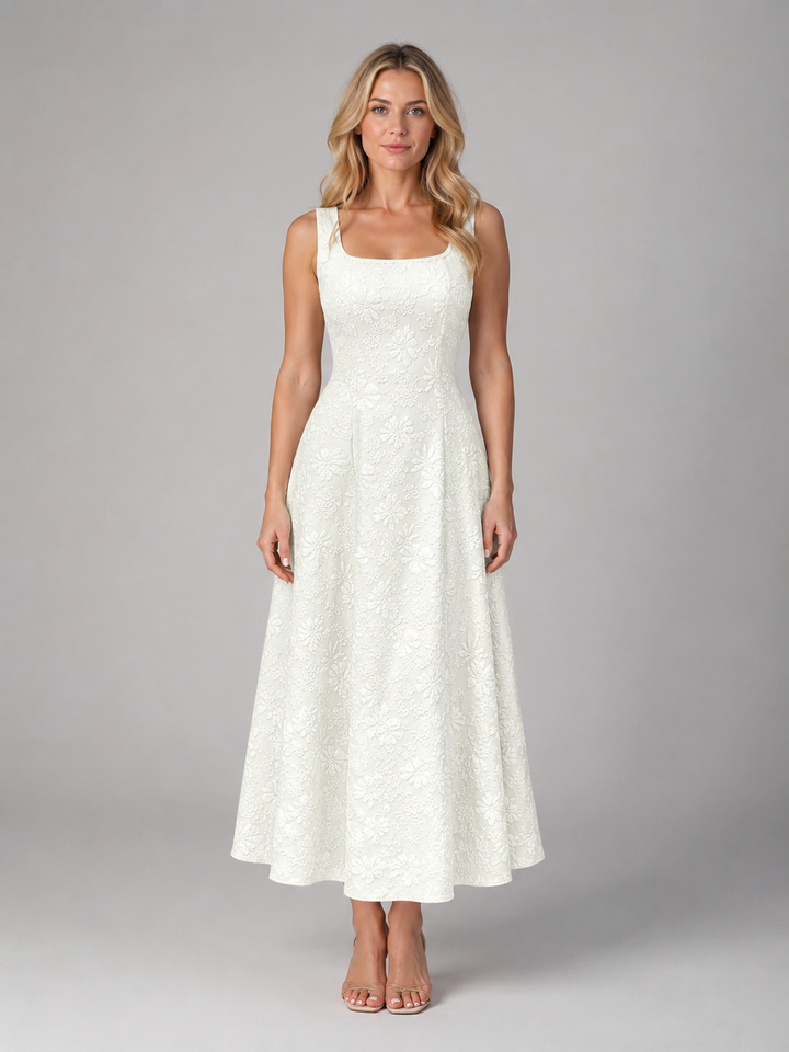 Women’s Floral Midi Dress with Square Neckline