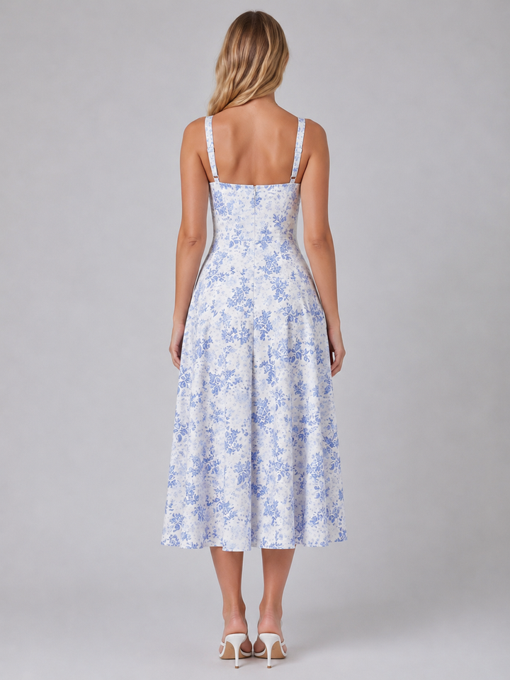 Women’s Floral Midi Dress with Sweetheart Neckline