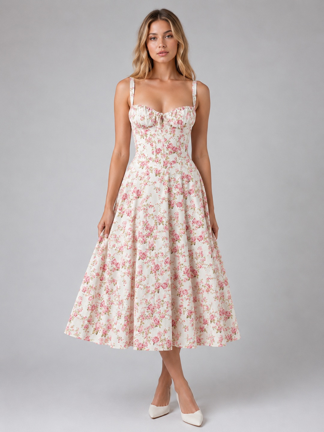 Women’s Floral Midi Dress with Sweetheart Neckline