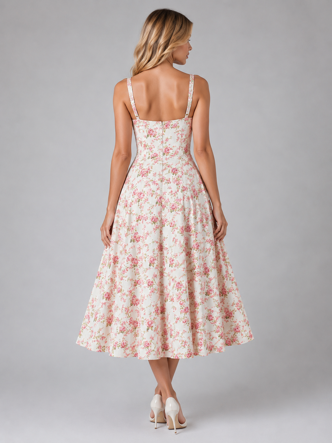 Women’s Floral Midi Dress with Sweetheart Neckline