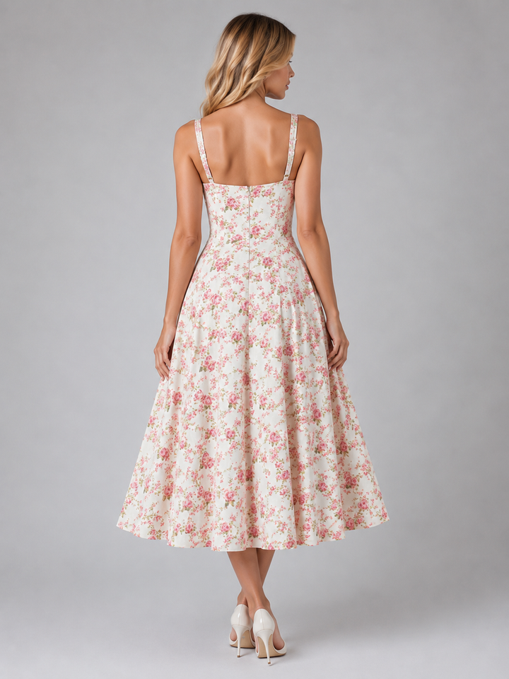 Women’s Floral Midi Dress with Sweetheart Neckline