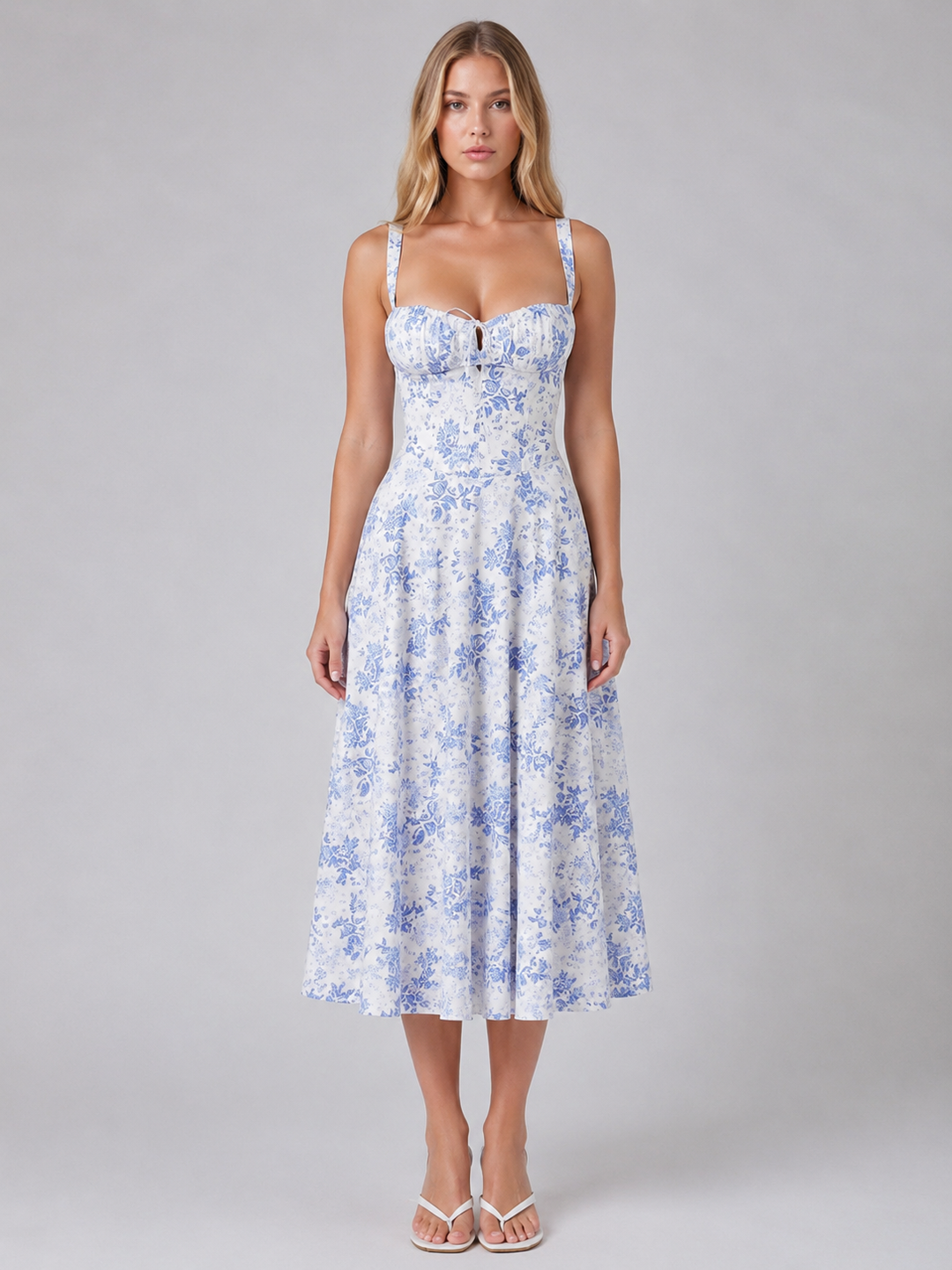 Women’s Floral Midi Dress with Sweetheart Neckline