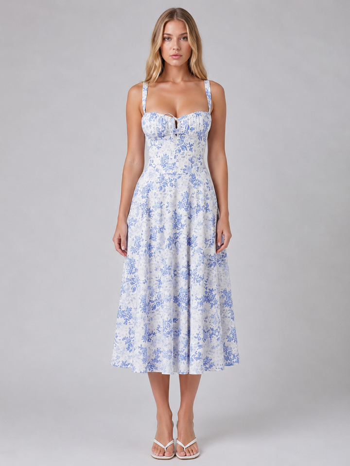 Women’s Floral Midi Dress with Sweetheart Neckline