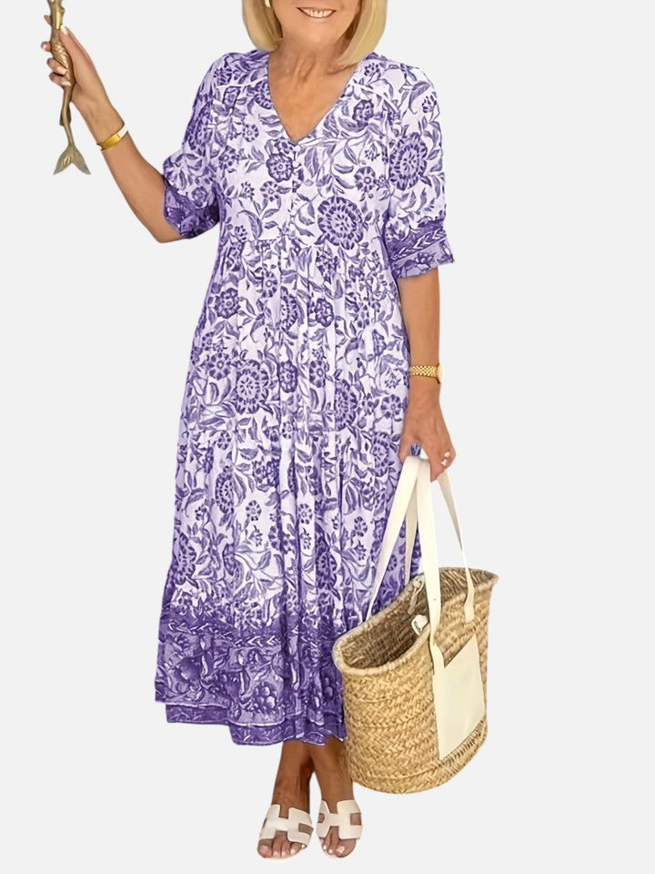 Women’s Floral Midi Dress with V-Neck
