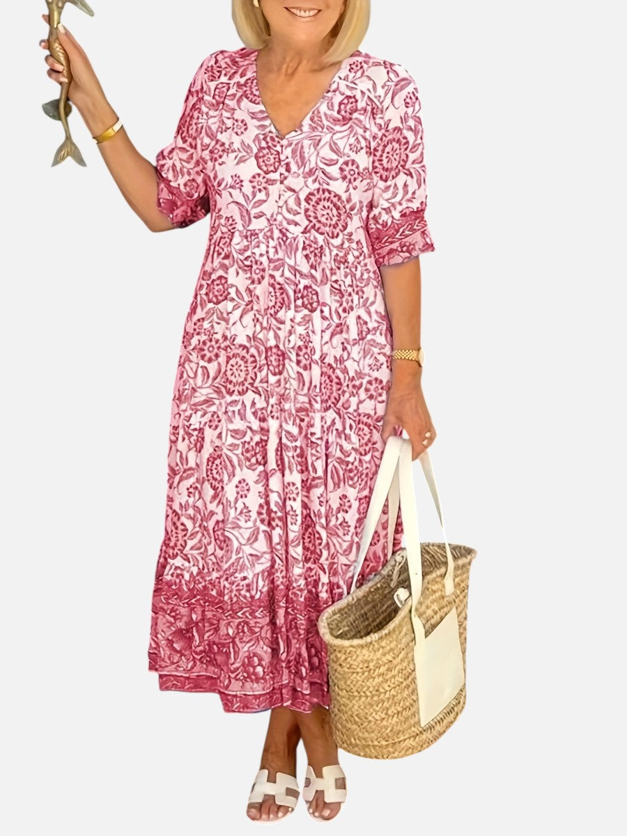 Women’s Floral Midi Dress with V-Neck