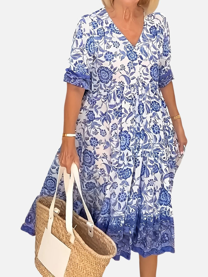 Women’s Floral Midi Dress with V-Neck