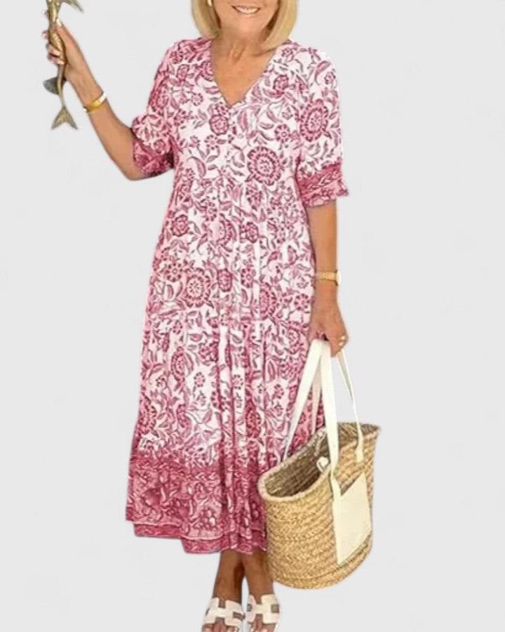 Women's Floral Midi Dress with V-neck for Daytime Occasions