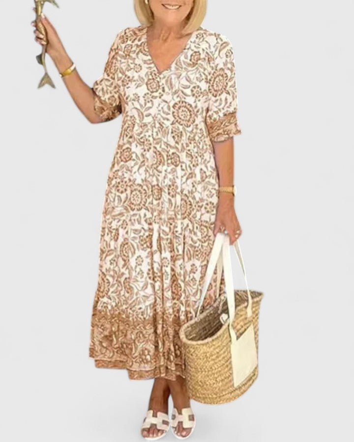 Women's Floral Midi Dress with V-neck for Daytime Occasions