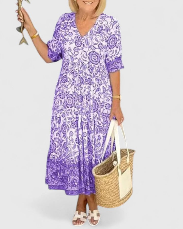 Women's Floral Midi Dress with V-neck for Daytime Occasions