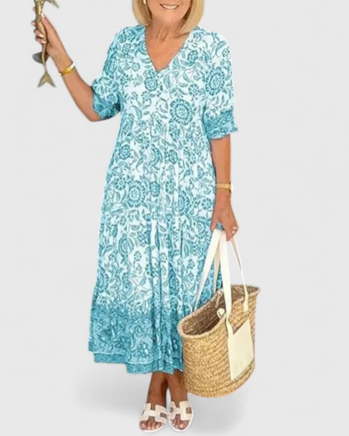 Women's Floral Midi Dress with V-neck for Daytime Occasions