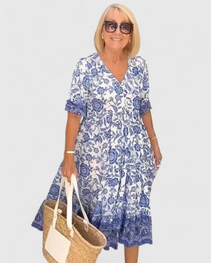 Women's Floral Midi Dress with V-neck for Daytime Occasions