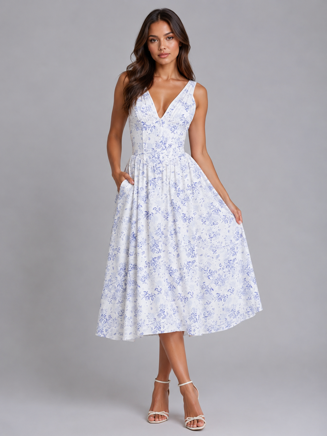 Women’s Floral Midi Sundress with V-Neck