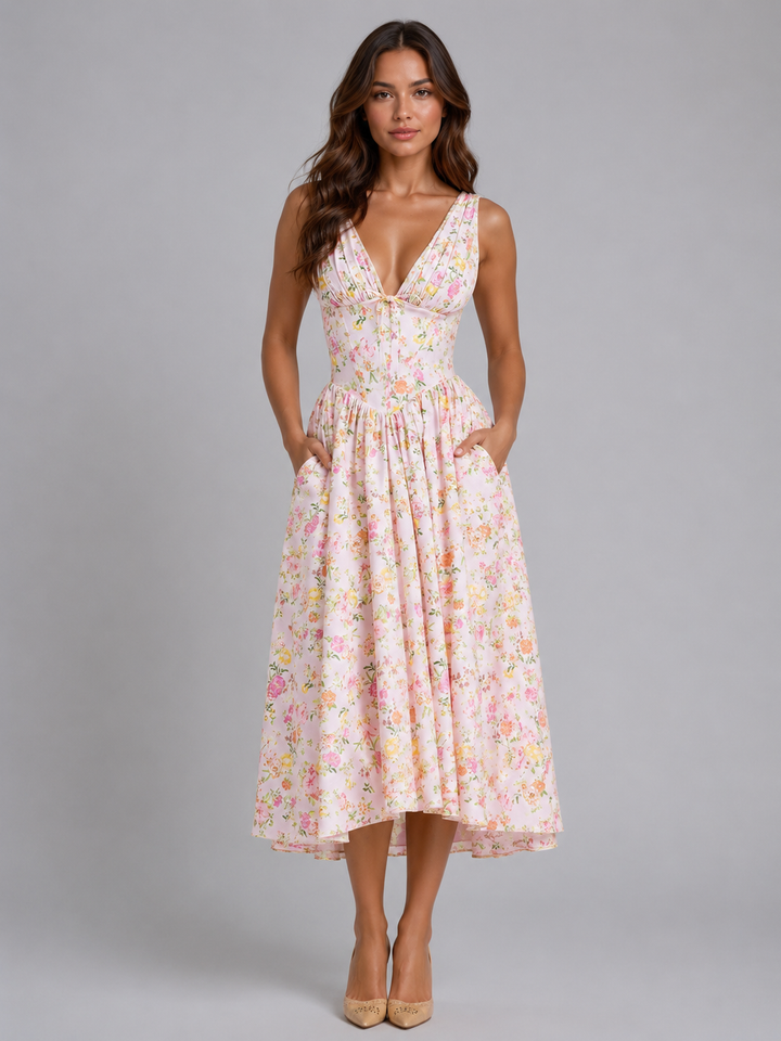 Women’s Floral Midi Sundress with V-Neck