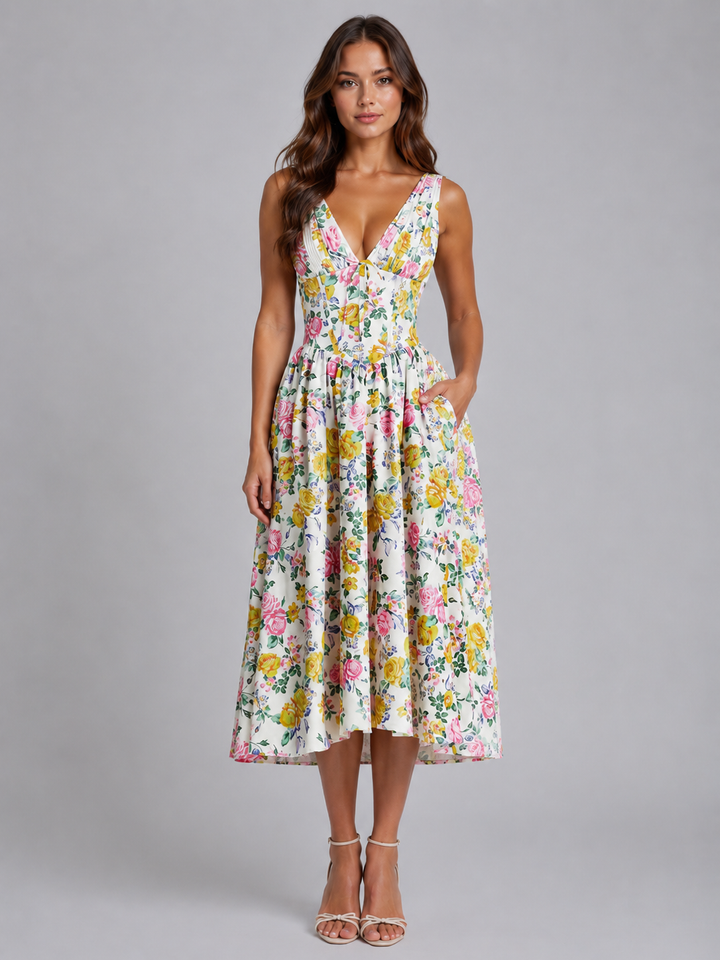 Women’s Floral Midi Sundress with V-Neck
