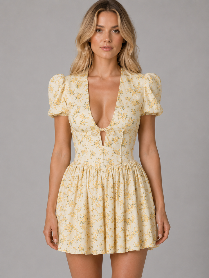 Women’s Floral Mini Dress with Puff Sleeve