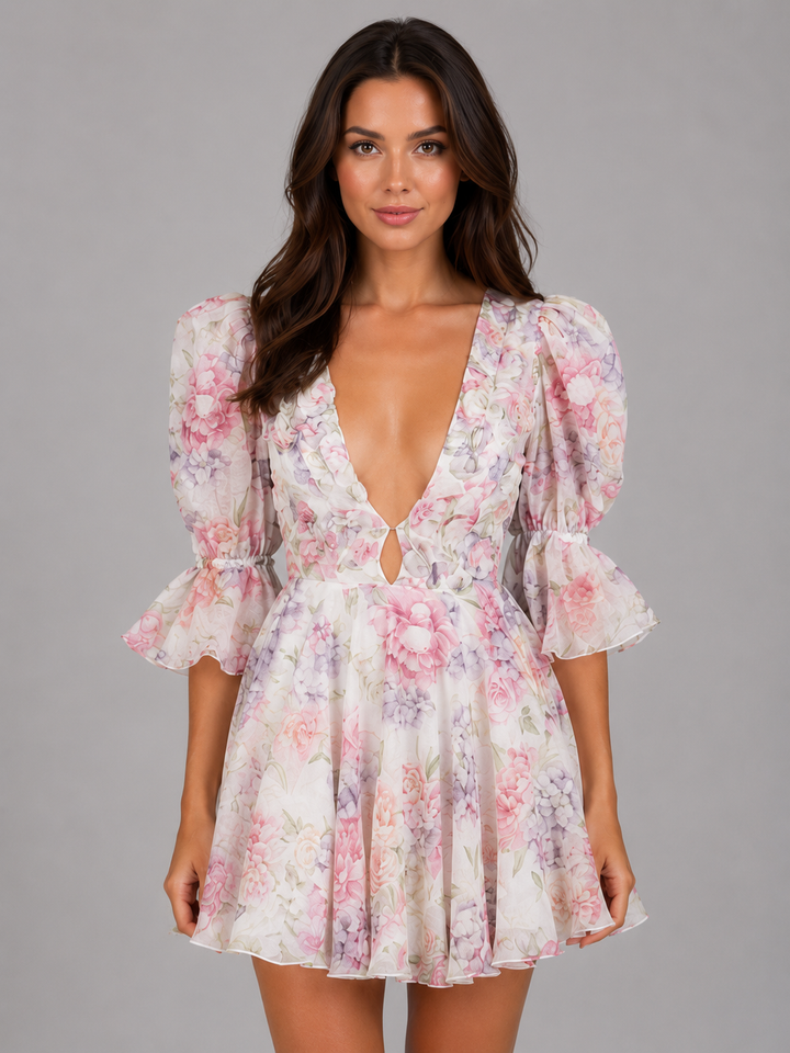 Women’s Floral Mini Dress with Puff Sleeves