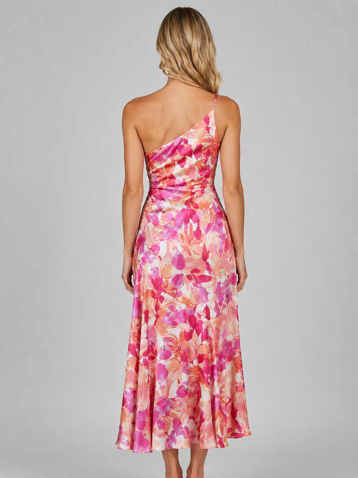Women’s Floral One-Shoulder Midi Dress with Draping