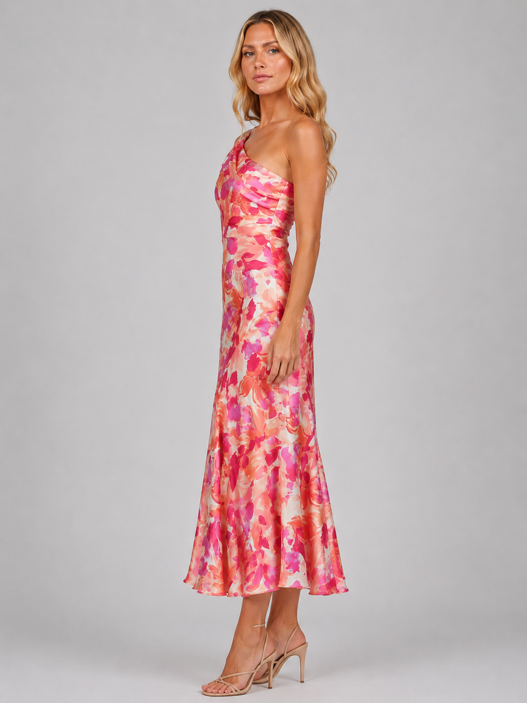 Women’s Floral One-Shoulder Midi Dress with Draping