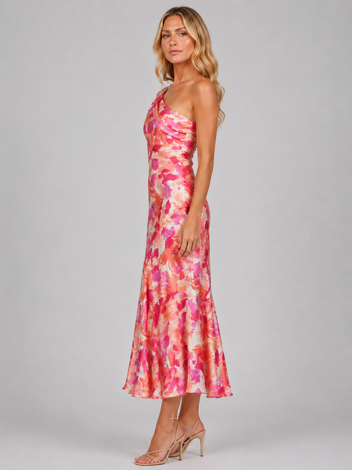 Women’s Floral One-Shoulder Midi Dress with Draping