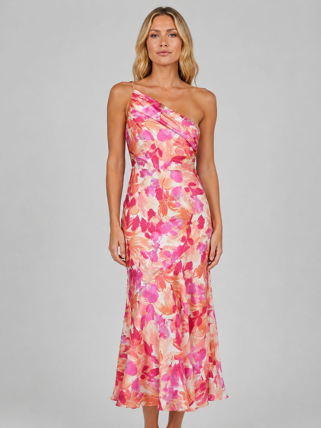 Women’s Floral One-Shoulder Midi Dress with Draping