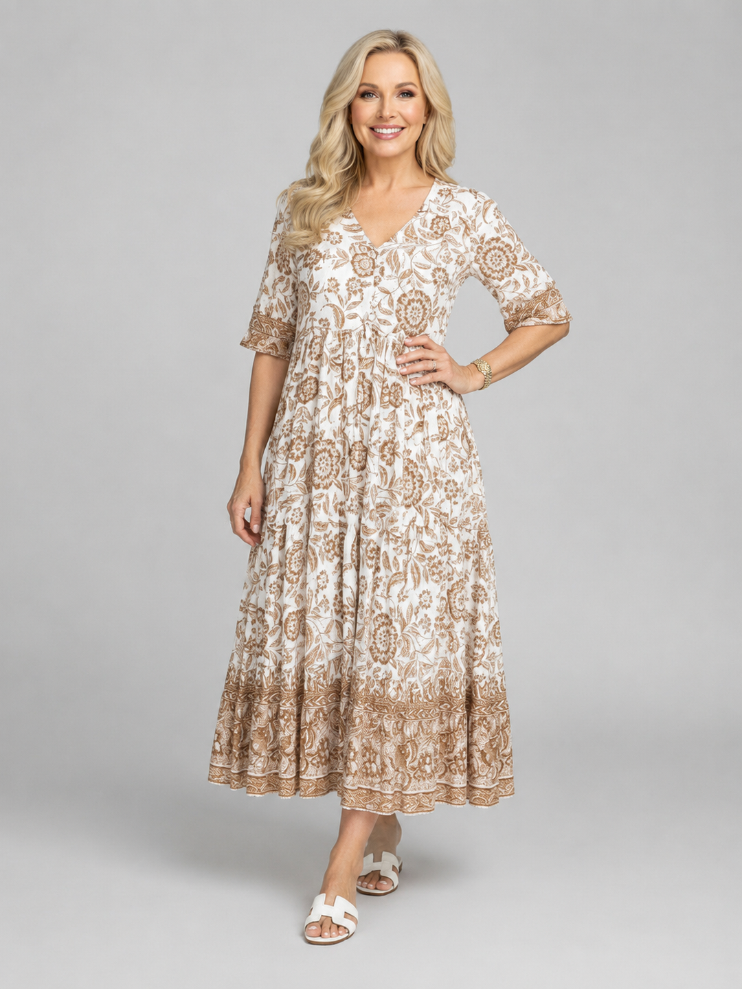 Women’s Floral Print Midi Dress with V-Neck