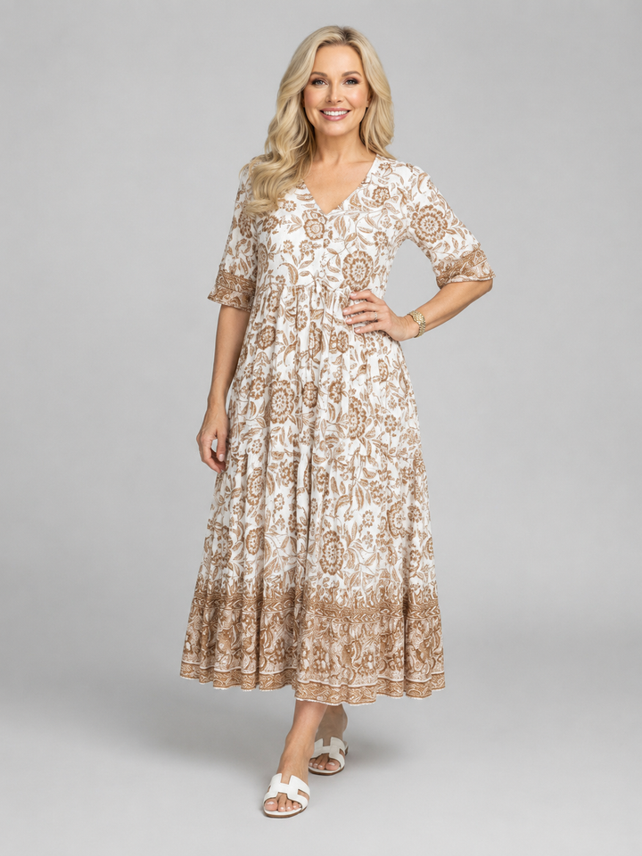 Women’s Floral Print Midi Dress with V-Neck