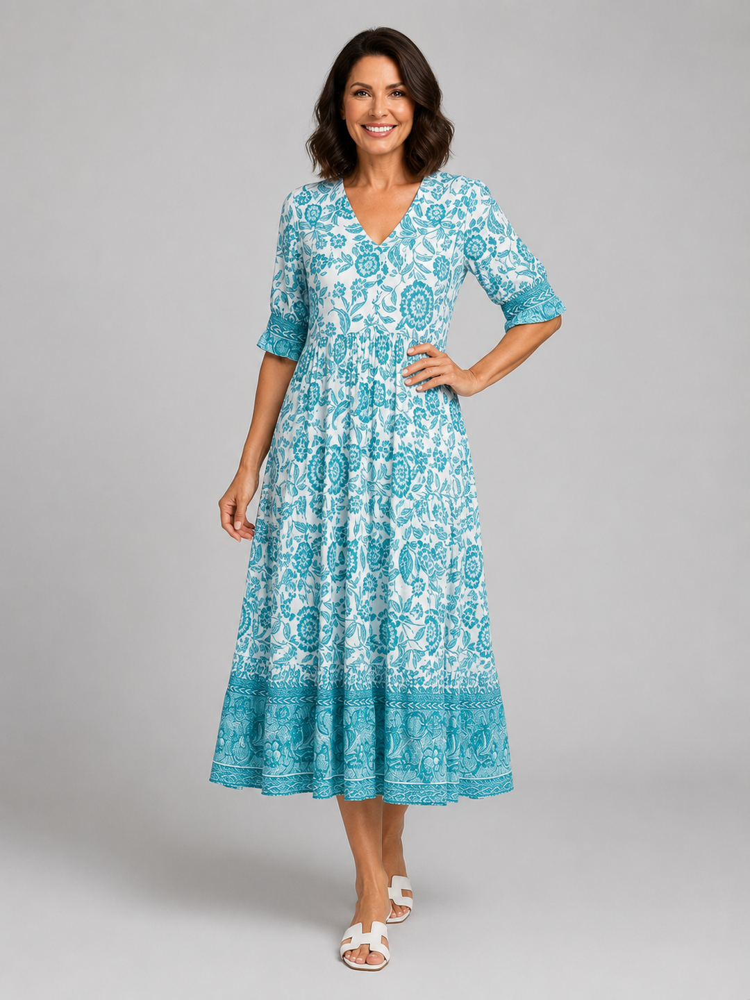 Women’s Floral Print Midi Dress with V-Neck