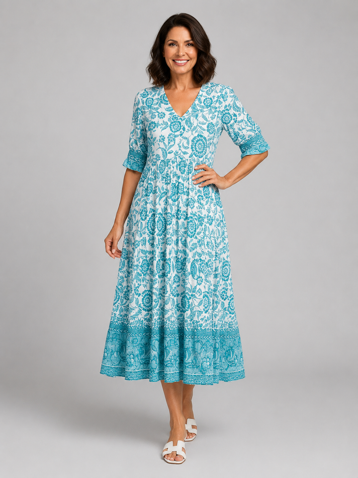 Women’s Floral Print Midi Dress with V-Neck