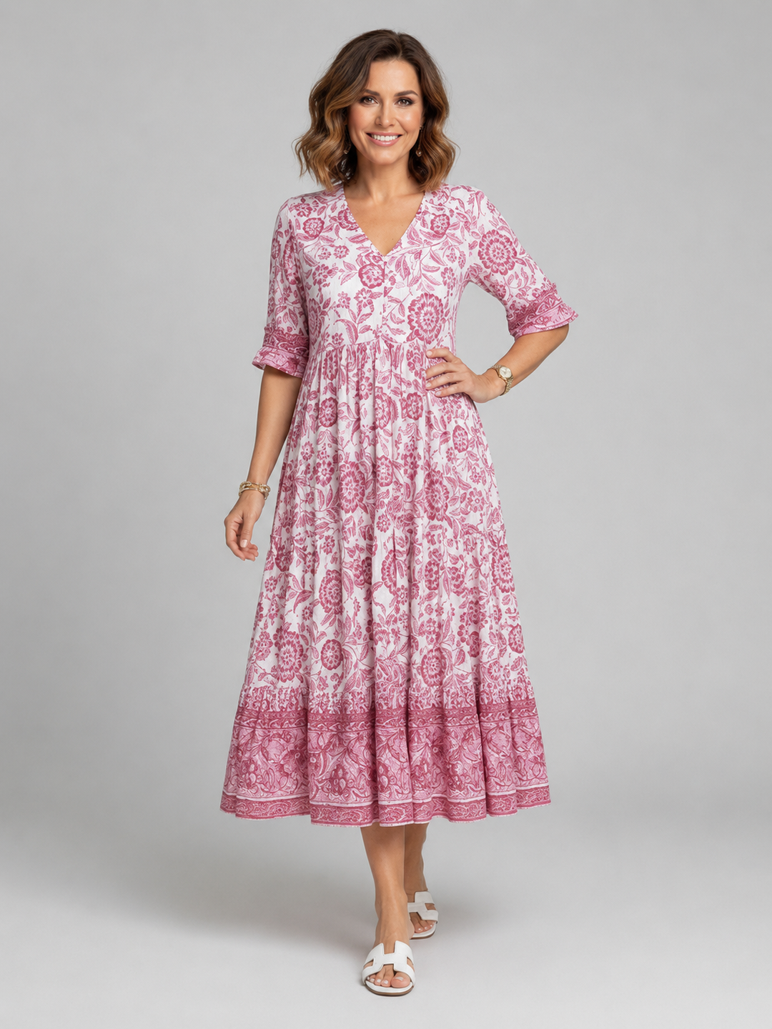 Women’s Floral Print Midi Dress with V-Neck