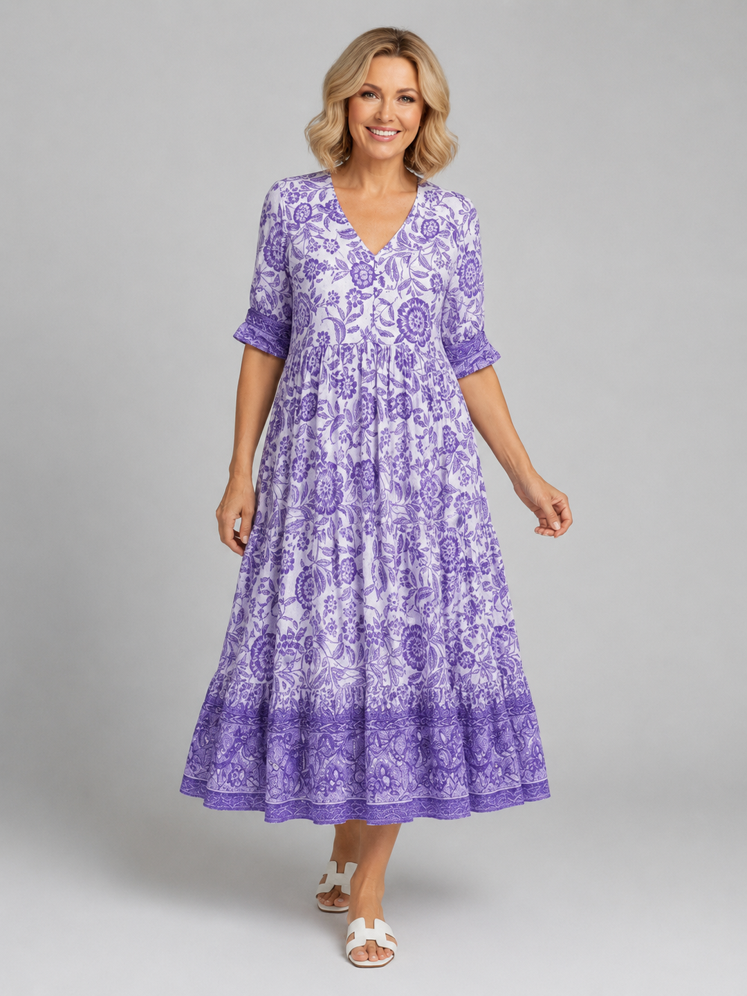 Women’s Floral Print Midi Dress with V-Neck