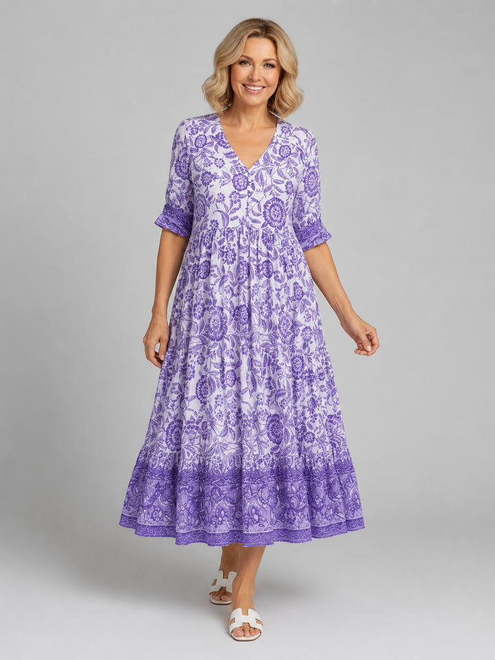 Women’s Floral Print Midi Dress with V-Neck