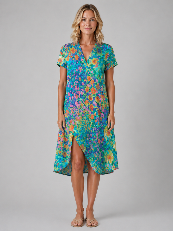 Women’s Floral Print Midi Dress with V-Neck