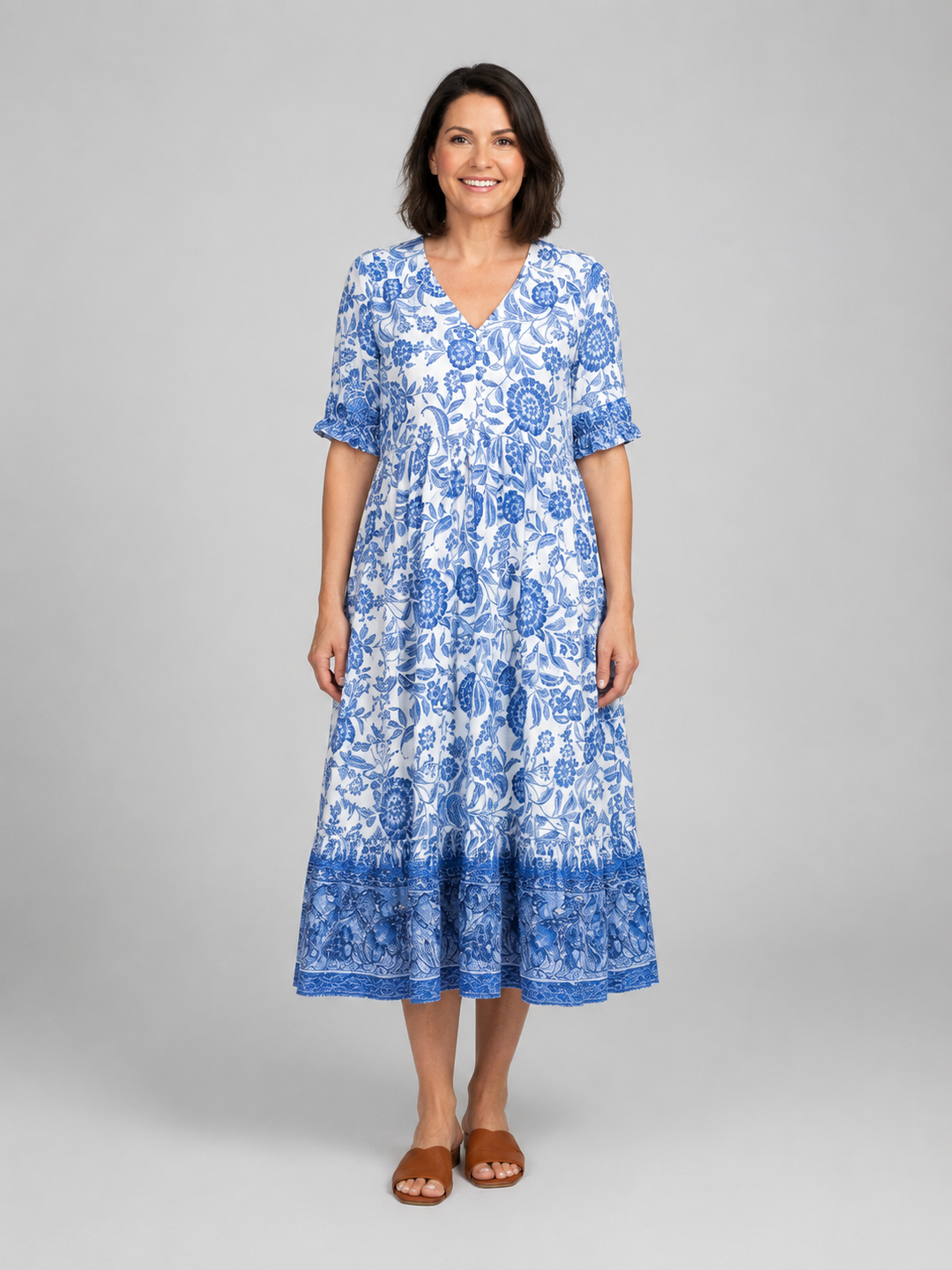 Women’s Floral Print Midi Dress with V-Neck