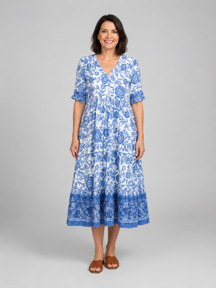 Women’s Floral Print Midi Dress with V-Neck