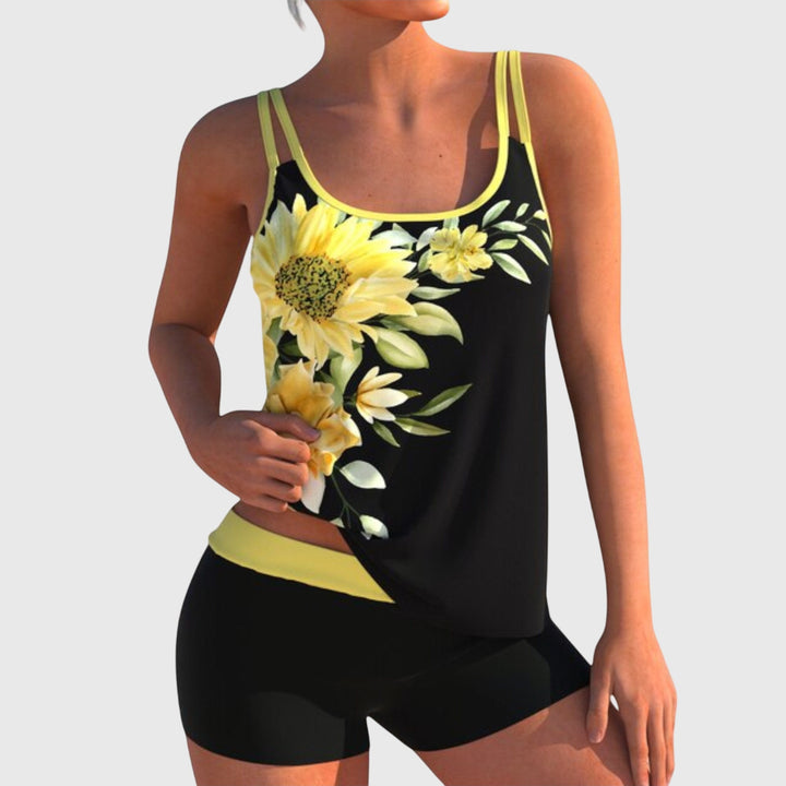 Women's Floral Print Two-Piece Swimsuit Set with Silhouette for Beach