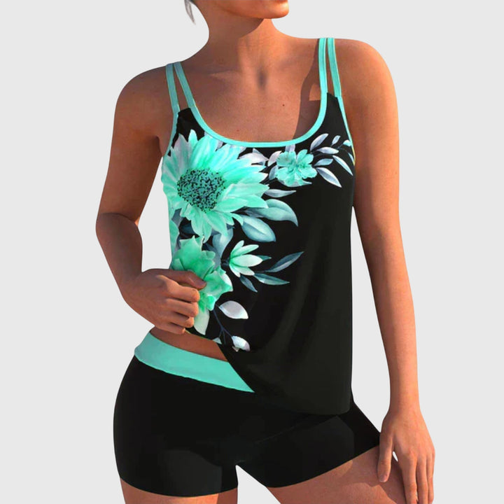 Women's Floral Print Two-Piece Swimsuit Set with Silhouette for Beach