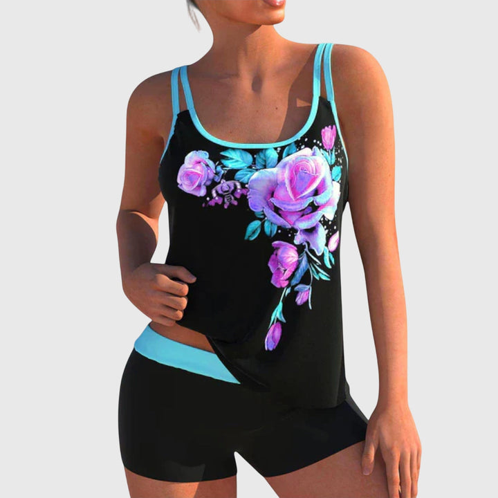 Women's Floral Print Two-Piece Swimsuit Set with Silhouette for Beach