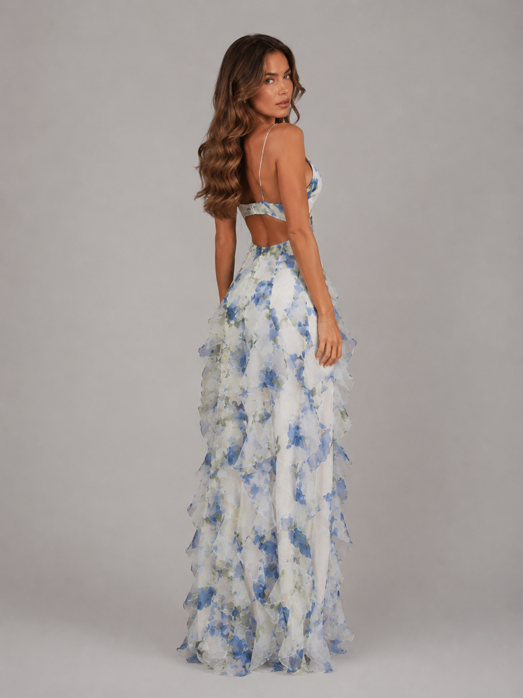 Women’s Floral Ruffle Maxi Dress with Layered Skirt