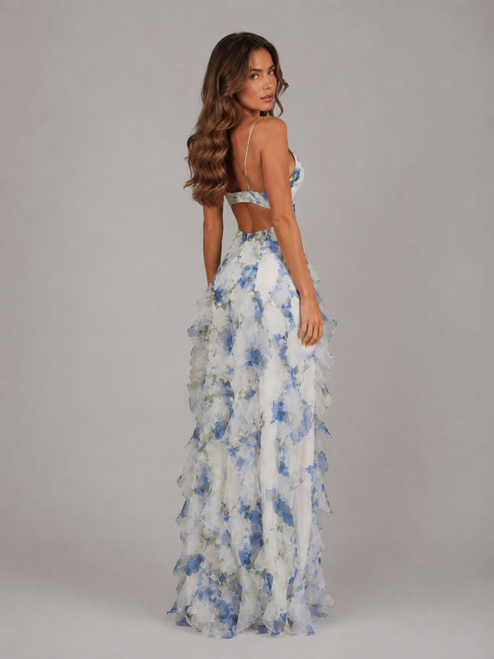 Women’s Floral Ruffle Maxi Dress with Layered Skirt